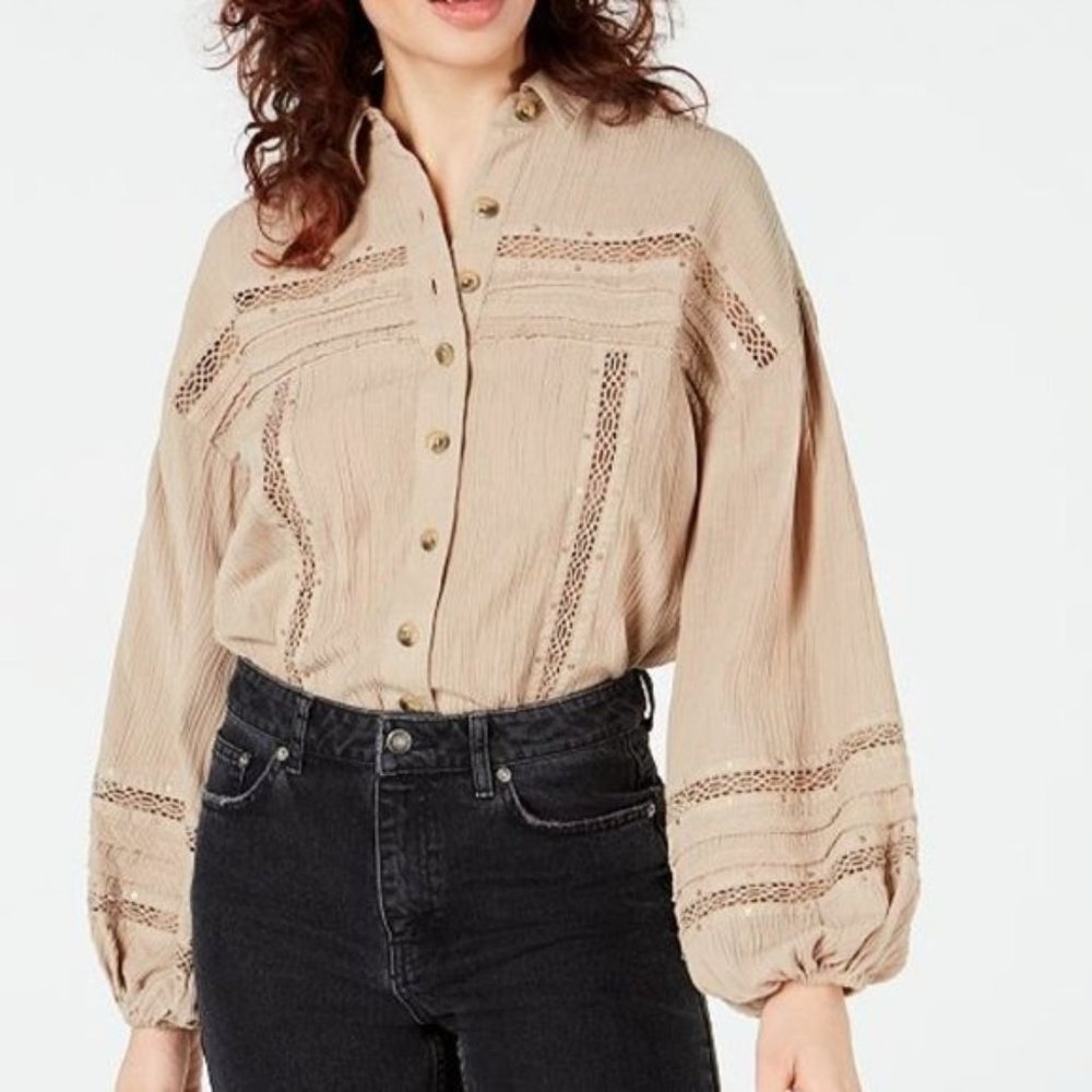 New Free People Tan Summer Stars Button Front Peasant Long Sleeve Blouse Size XS